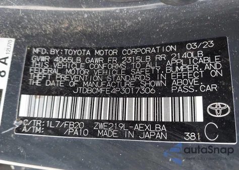 2023 Toyota Corolla Hybrid Le из США, поврежденный, VIN JTDBCMFE4P3017306